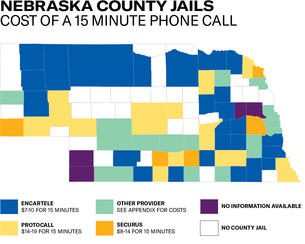 Map of Nebraska Counties with provider and cost range for county jail phone calls
