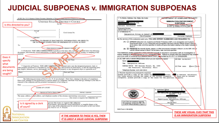 Image shows the difference between Judicial Subpoenas v. Immigration Subpoenas 