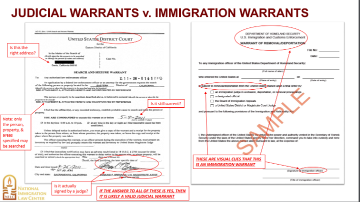 Image shows the difference between Judicial Warrants v. Immigration Warrants