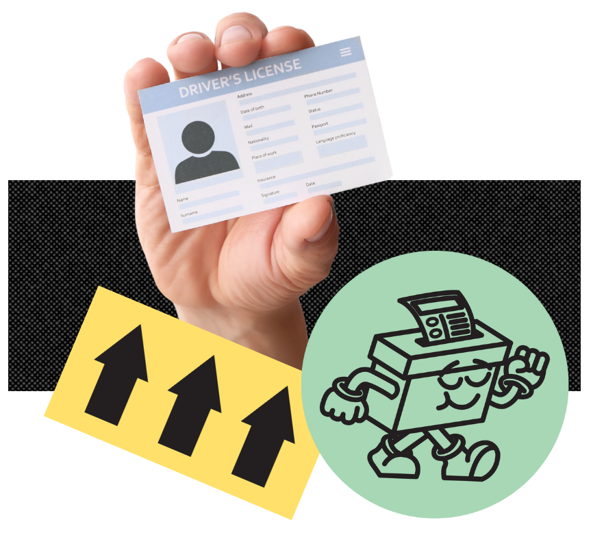 A graphic shows a hand holding ID along with a stylized arrow and walking ballot box.