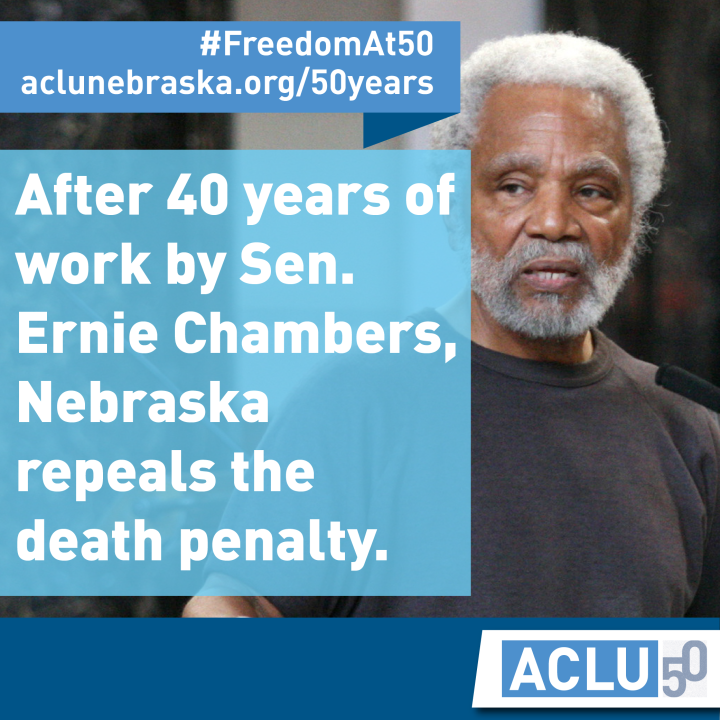 Photo of Senator Chambers with Text: AFter 40 years of work by Sen. Ernie Chambers, Nebraska repeals the death penalty.
