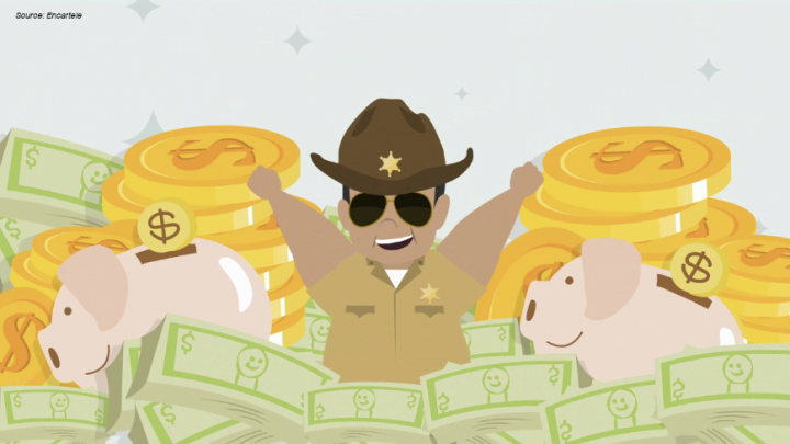 Screen capture from an animimated ad of a sheriff swimming in money